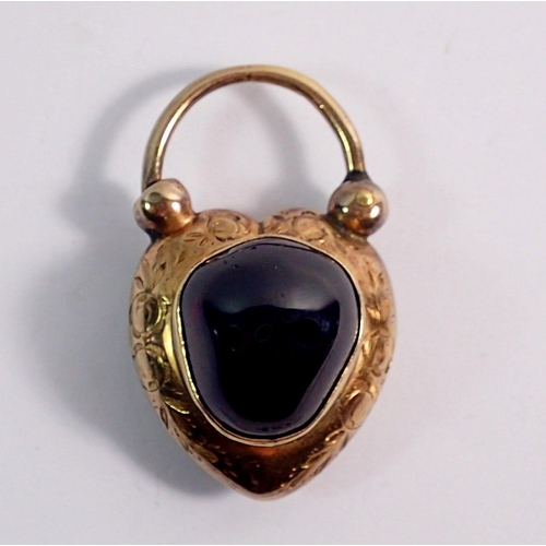 461 - A Victorian gold heart form padlock set cabochon cut garnet with hair locket to reverse, overall siz... 