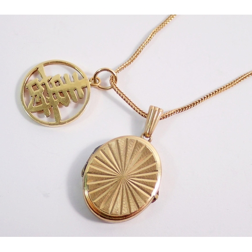 464 - A 9 carat gold front and back locket on 9 carat gold chain with Chinese 9 carat gold pendant, total ... 