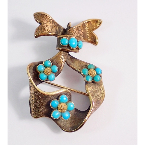 465 - A Victorian 15 carat gold ribbon brooch set floral turquoise clusters, 5.5 x 3.2cm, 8g