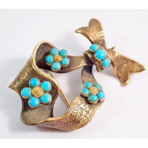 465 - A Victorian 15 carat gold ribbon brooch set floral turquoise clusters, 5.5 x 3.2cm, 8g