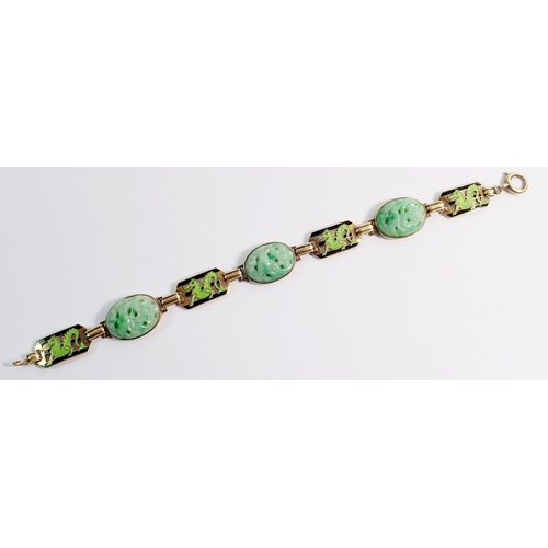 474 - A 14 carat gold Chinese bracelet set four enamel dragon links and three oval carved jade links, 20cm... 