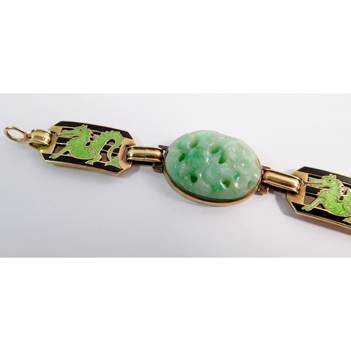 474 - A 14 carat gold Chinese bracelet set four enamel dragon links and three oval carved jade links, 20cm... 