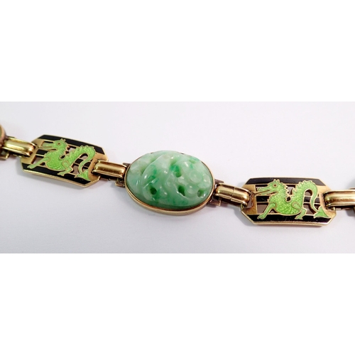 474 - A 14 carat gold Chinese bracelet set four enamel dragon links and three oval carved jade links, 20cm... 