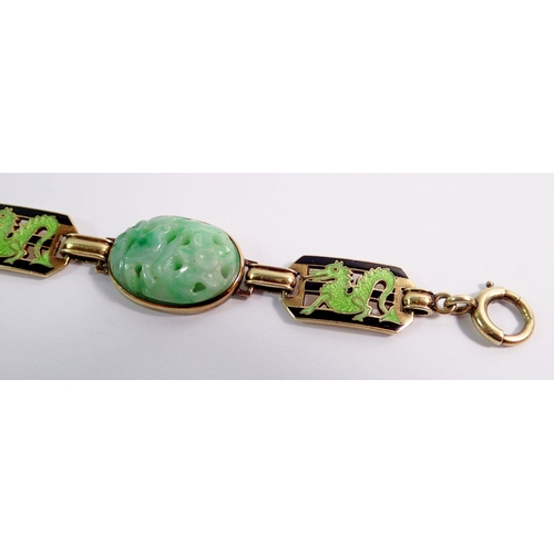 474 - A 14 carat gold Chinese bracelet set four enamel dragon links and three oval carved jade links, 20cm... 