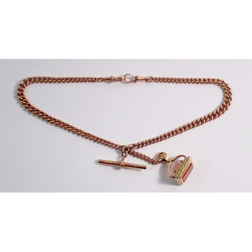 476 - A 9 carat rose gold fob chain and a gold plated stone set fob, chain length 38cm plus 4cm drop - tot... 