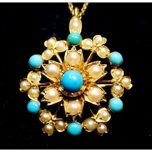 489 - A Victorian 15 carat gold circular pendant or brooch set pearls and turquoise, 6.5g, on 9 carat gold... 