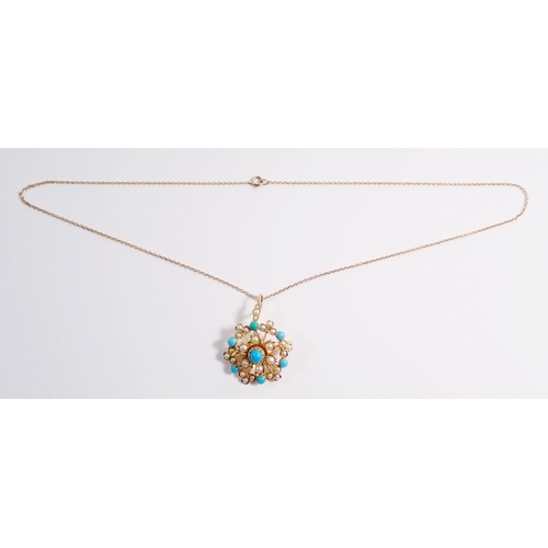 489 - A Victorian 15 carat gold circular pendant or brooch set pearls and turquoise, 6.5g, on 9 carat gold... 