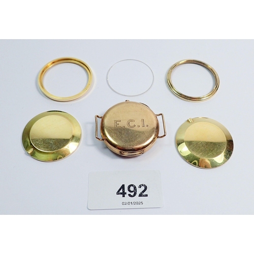 492 - Two 18 carat gold watch cases, 19g, a 9 carat gold one with glass, 9.8g total weight plus two yellow... 