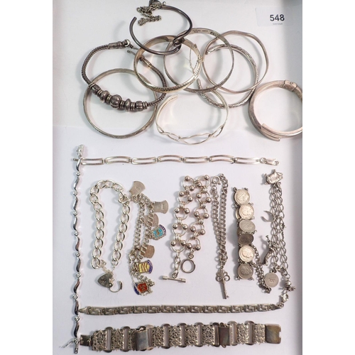 548 - A quantity of silver bracelets, 198g plus six white metal ones