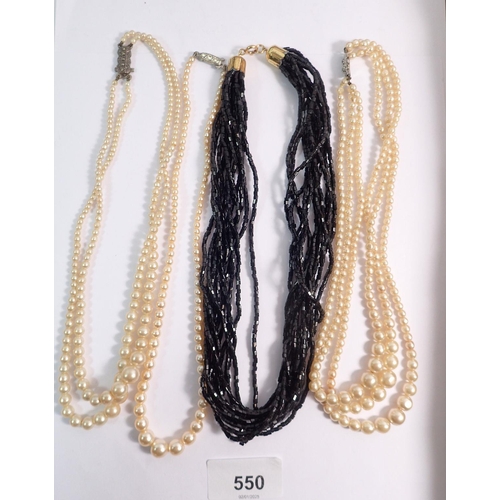 550 - Three simulated pearl necklaces and a black bead one