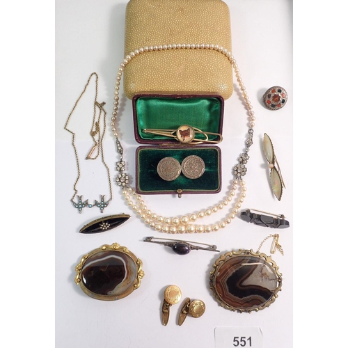 551 - A group of antique costume jewellery including Ciro pearl necklace in original case