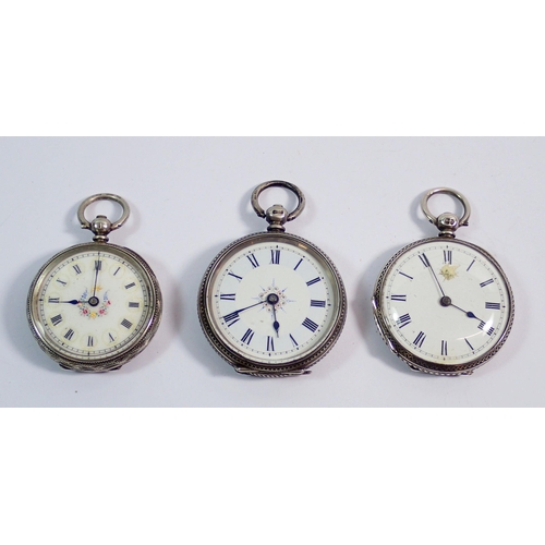 609 - Three silver fob watches with enamel dials and engraved decoration