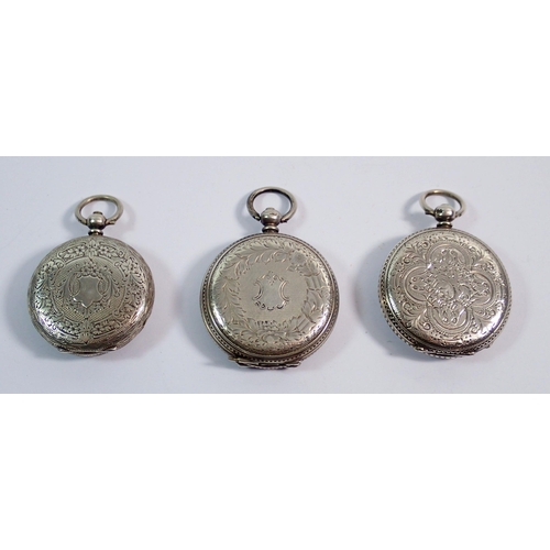 609 - Three silver fob watches with enamel dials and engraved decoration