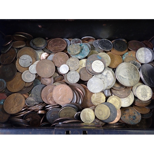 621 - A metal cash box of various British and World coins including silver Victoria 1854 fourpence, George... 