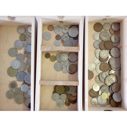 622 - A nine drawer wooden box with a selection of world coins including Channel Islands, India, Malta etc