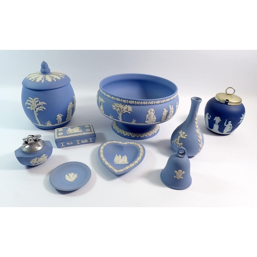 64 - Nine items of Wedgwood blue Jasperware