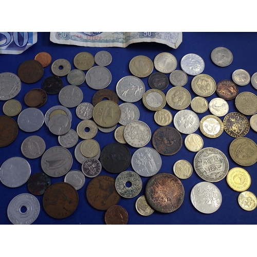 641 - A group of British and World coins and banknotes including silver content George V half crown 1920, ... 