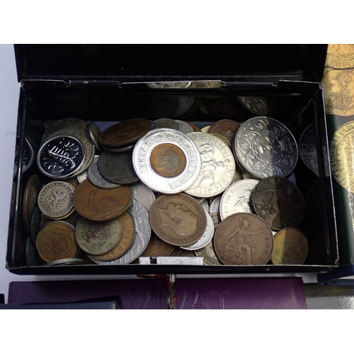 644 - A box of British coins including silver examples plus sovereign cases, Spink gold coin book etc