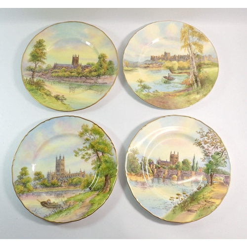 66 - Four Royal Worcester plates painted Worcester Cathedral and Gloucester Cathedral by Telford, Herefor... 