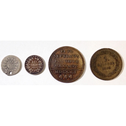 664 - A Papal States Vatican City Pius VIII one baiocco 1801 copper coin, an 1850 one baiocco plus a Pius ... 