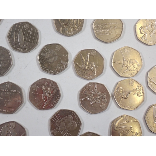 680 - An almost complete set of 2012 London Olympics circulated 50p coins dated 2011, missing canoeing (28