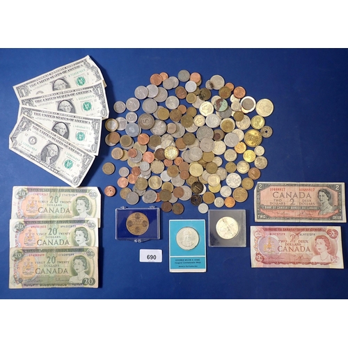 690 - A group of various world coins and banknotes including silver content examples, Bermuda, Netherlands... 