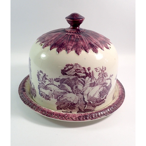 72 - A Victorian purple floral printed cheese stand and cover