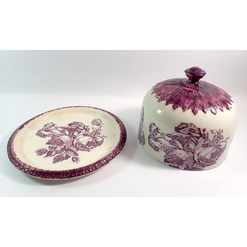 72 - A Victorian purple floral printed cheese stand and cover