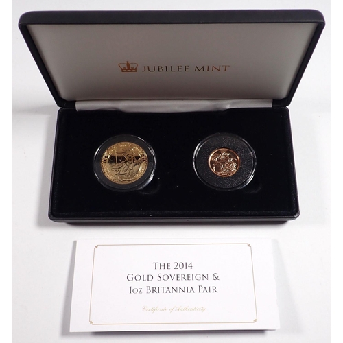 792 - A 2014 gold sovereign and 1oz Britannia pair, cased with COA limited edition presentation 1990