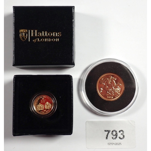 793 - An Elizabeth II gold sovereign 2018 (Harrington and Byrne) and a 2017 quarter sovereign Tristan Da C... 