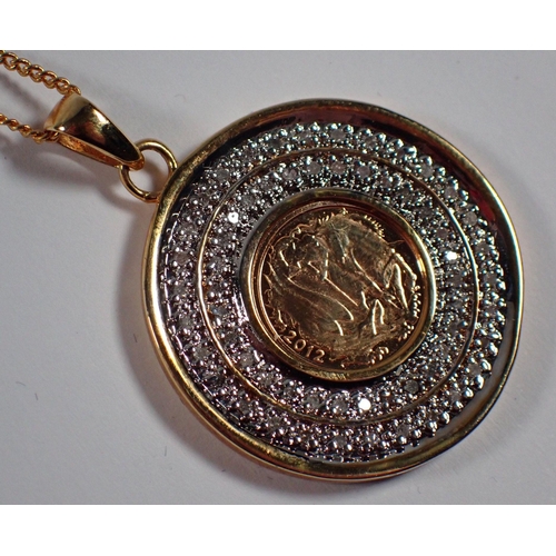 794 - An Elizabeth II 2012 Jubilee quarter sovereign, mounted in a diamond set pendant on yellow metal cha... 