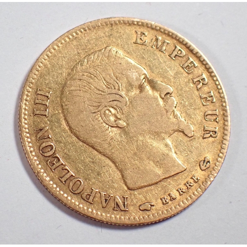 804 - A Napoleon III ten francs gold coin 1857, Cond F-VF, 3.1g