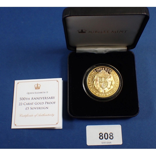 808 - An Elizabeth II 500th Anniversary 22 carat gold proof £5 sovereign, 39.94g, cased with COA