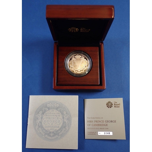 813 - A Royal Mint 2013 christening of HRH Prince George of Cambridge five pound gold proof coin limited e... 