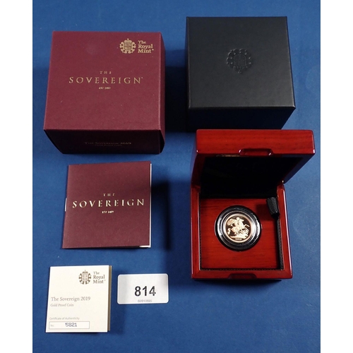 814 - An Elizabeth II gold proof sovereign in presentation box with certificate, issue: 5821 Cond: Unc