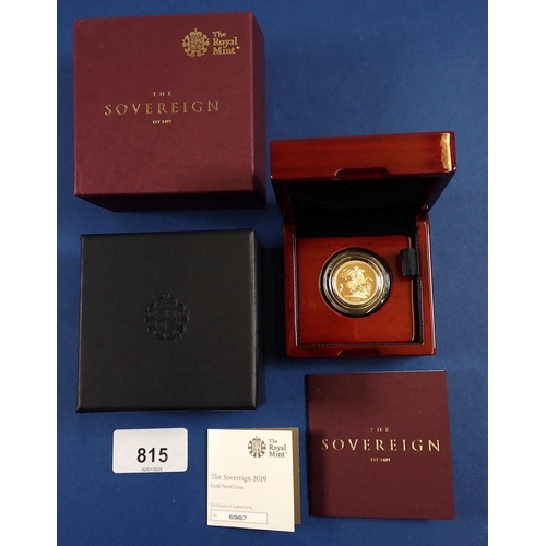 815 - An Elizabeth II gold proof sovereign 2019 in presentation box with certificate issue: 6987 Cond: Unc