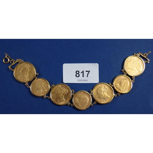 817 - 9ct gold bracelet with four sovereigns and three half sovereigns, sovereign dates 1872, 1884, 1889 a... 