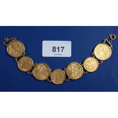 817 - 9ct gold bracelet with four sovereigns and three half sovereigns, sovereign dates 1872, 1884, 1889 a... 