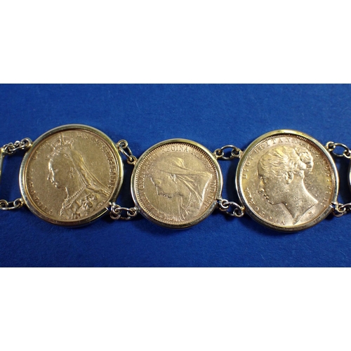 817 - 9ct gold bracelet with four sovereigns and three half sovereigns, sovereign dates 1872, 1884, 1889 a... 