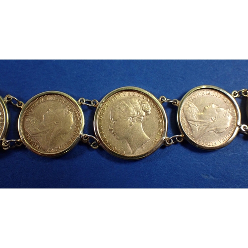 817 - 9ct gold bracelet with four sovereigns and three half sovereigns, sovereign dates 1872, 1884, 1889 a... 