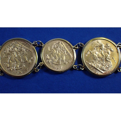 817 - 9ct gold bracelet with four sovereigns and three half sovereigns, sovereign dates 1872, 1884, 1889 a... 