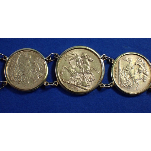 817 - 9ct gold bracelet with four sovereigns and three half sovereigns, sovereign dates 1872, 1884, 1889 a... 