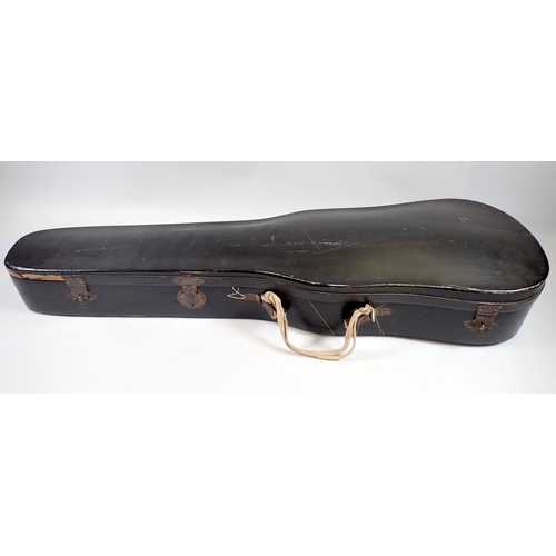 916 - A late 19th century German violin in the style of Stradivarius with two bows in fitted case, violin ... 