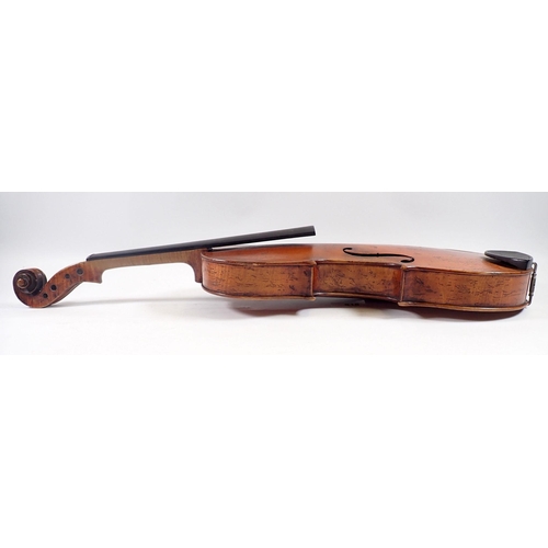 916 - A late 19th century German violin in the style of Stradivarius with two bows in fitted case, violin ... 