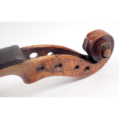 916 - A late 19th century German violin in the style of Stradivarius with two bows in fitted case, violin ... 