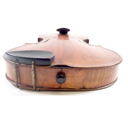 916 - A late 19th century German violin in the style of Stradivarius with two bows in fitted case, violin ... 