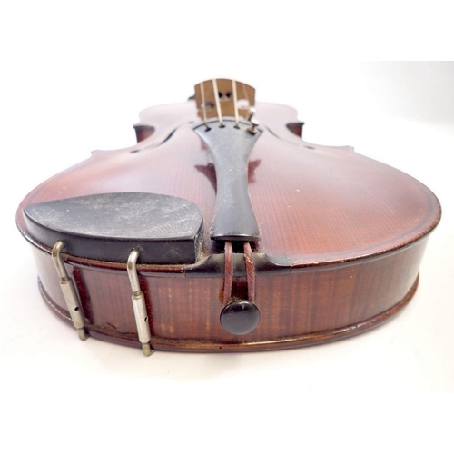 917 - A 19th century German violin and bow in fitted case, 14 3/8