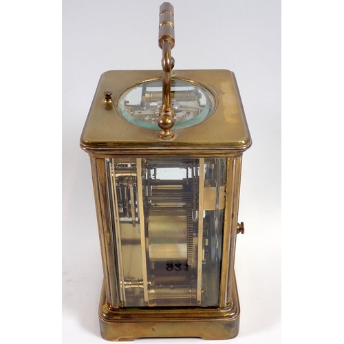 921 - A 19th century French striking brass cased carriage clock retailed by West End Watch company, 13cm t... 