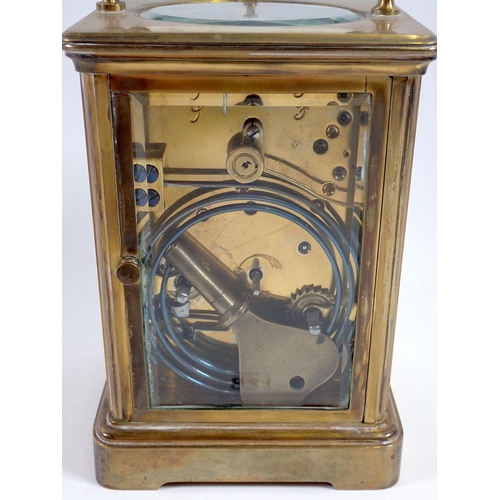 921 - A 19th century French striking brass cased carriage clock retailed by West End Watch company, 13cm t... 