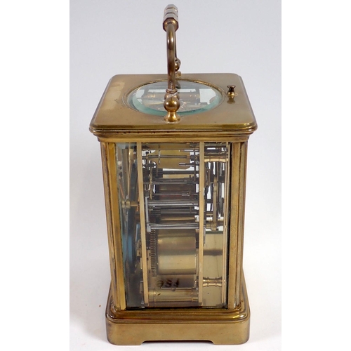 921 - A 19th century French striking brass cased carriage clock retailed by West End Watch company, 13cm t... 